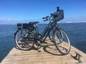 zwei Fahrräder, die auf einem Dock in der Nähe des Wassers geparkt sind in der Unterkunft Ti salé 1 in L'Étang-Salé-les-Bains