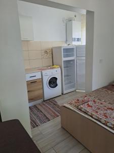 a small kitchen with a washing machine and a washer at Vila Bulgaru in Cumpăna