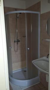 a shower with a glass door next to a sink at Hotel Nico in Špindlerův Mlýn