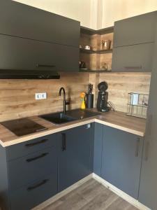 une cuisine avec des armoires bleues et un évier dans l'établissement LITTLE COTTAGE - Kleine Wohlfühloase, à Obernzell