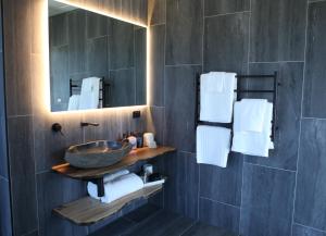 a bathroom with a sink and a mirror at Avion Retreat in Pumpenbill