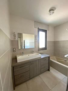 安锡LE SOLAVUE 150 M2 VUE EXCEPTIONNELLE SUR LE LAC的带水槽、浴缸和镜子的浴室