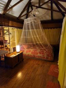 普納奧亞的住宿－Fare Cocoon，一间卧室配有一张带蚊帐的床