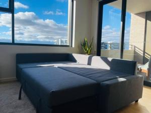 a blue bed in a room with large windows at Brand new 1BR apartment Dickson in Canberra