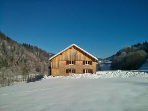 ein Holzgebäude auf einem schneebedeckten Feld in der Unterkunft Löchle. Ferienhütte im Bregenzerwald, Andelsbuch in Andelsbuch