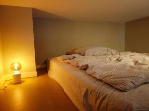 a bedroom with a bed with a light on it at Central and modern apartment in Oslo in Oslo