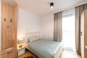 sypialnia z łóżkiem i dużym oknem w obiekcie Apartamenty Centrum III w Bydgoszczy