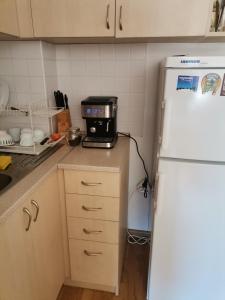 a kitchen with a refrigerator and a coffee maker on a counter at Снежанка in Pamporovo