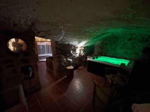 a dark room with a pool in a cave at Castell de l'Aguda in Torá de Rulbregos