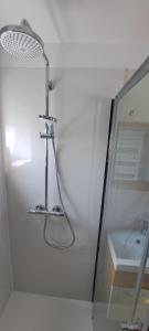 a shower in a bathroom next to a sink at Polderrust in De Haan