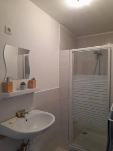 een witte badkamer met een wastafel en een douche bij En passant par La Maraude in Vigneulles-lès-Hattonchâtel