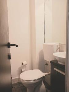 Baño blanco con aseo y lavamanos en Comfort Apartment en Novi Beograd