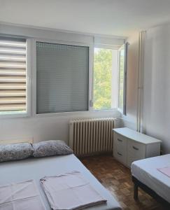 1 dormitorio blanco con 1 cama y 2 ventanas en Comfort Apartment en Novi Beograd