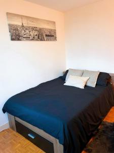 a bedroom with a blue bed with a painting on the wall at À 5 min de Paris , appartement calme,au pied du métro et très bien équipé in Maisons-Alfort