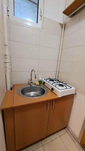 a kitchen with a sink and a stove at Închiriez garsoniera în regim hotelier unirii in Bucharest