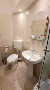 een badkamer met een toilet, een wastafel en een spiegel bij Închiriez garsoniera în regim hotelier unirii in Boekarest