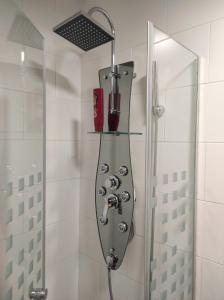 ducha con cabina de ducha acristalada en La Cuquina en Villaturiel