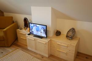 a living room with a television on a wooden cabinet at Szapary 1620 in Woppendorf