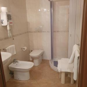 La salle de bains est pourvue de toilettes, d'un lavabo et d'une douche. dans l'établissement Hotel Ristorante Rinelli, à Margherita di Savoia