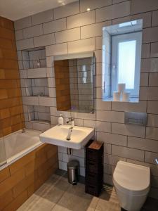 a bathroom with a sink and a toilet and a mirror at Modern two bedroom house in Ormiston