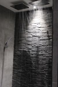 a shower in a bathroom with a brick wall at Le Rêve de Lily in Les Vignères