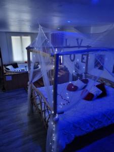 1 dormitorio con 1 cama con dosel azul en Le Rêve de Lily en Les Vignères