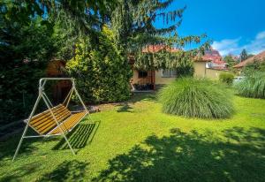a yard with a swing in the grass at Park Nyaralóház in Badacsonytomaj