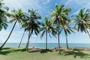 un groupe de palmiers sur une plage dans l'établissement Khaolak Laguna Resort, à Khao Lak