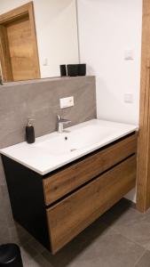 a bathroom with a sink and a mirror at Kitzlochklammblick Hof in Taxenbach