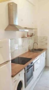 a white kitchen with a sink and a stove at Dolce bilocale con terrazzo in Nice