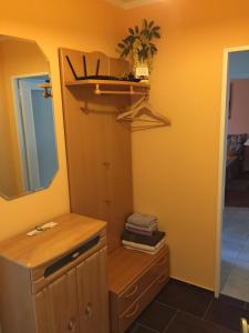 ein Badezimmer mit einem Holzschrank und einem Spiegel in der Unterkunft Apartment Nürnberg City-Center in Nürnberg