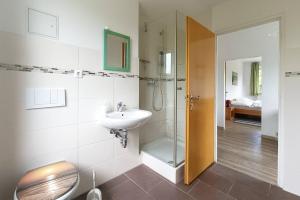 a bathroom with a sink and a shower and a toilet at Ferienwohnung Gartenblick in Wesenberg