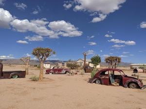 a group of old cars parked in the desert at Canyon Farmyard Camping in Keetmanshoop