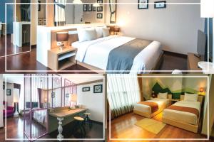 a collage of four pictures of a hotel room at Yan's House Hotel in Kuta