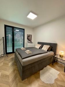 a bedroom with a large bed and a window at Garden Apartment in Banská Bystrica