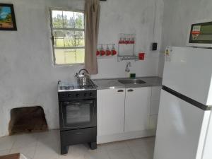 a kitchen with a stove and a sink and a refrigerator at Lavanda Casa de Campo in Salto