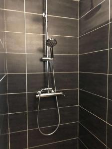 a shower in a black tiled bathroom at Le Relais du Gapeau in Solliès-Toucas +21 photos