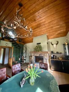 a dining room with a table and a fireplace at Puszta Farm from 6 Pers in Fülöpháza