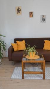 a living room with a couch and a table at Apartmani Bubamara Leskovac in Leskovac