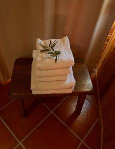 a stack of towels sitting on a table at Casa Na Montanha Da Neve in Seia