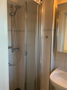 La salle de bains est pourvue d'une douche et d'un lavabo. dans l'établissement Messewohnung für 5 Gäste mit Balkon und Lift, à Hanovre
