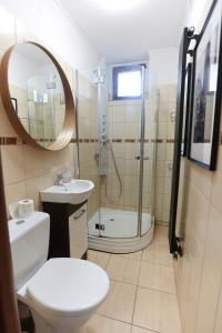 a bathroom with a toilet and a shower and a sink at Apartments Old Town Gdansk - Toruńska 26 in Gdańsk