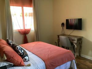 a bedroom with a bed and a desk and a television at LE JARDIN D'HILAIRE in LʼEntre-Deux