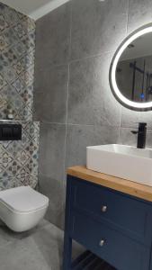 a bathroom with a sink and a toilet and a mirror at APARTAMENT "Opawska Przystań" in Głuchołazy +18 photos