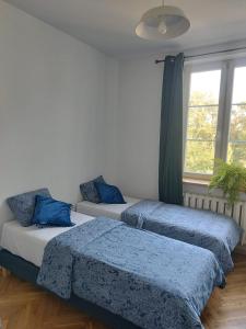 um quarto com 2 camas e uma janela em Urban Nest Apartments Brodowicza 14 em Cracóvia