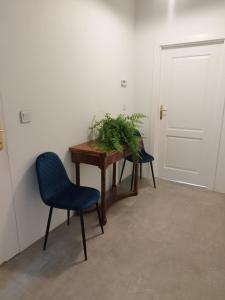uma mesa de madeira com duas cadeiras e uma planta sobre ela em Urban Nest Apartments Brodowicza 14 em Cracóvia