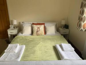 a bed with a green comforter and two night stands at Self Contained Guest Suite in South Milford