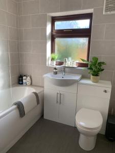 ein Badezimmer mit einem Waschbecken, einem WC und einer Badewanne in der Unterkunft Self Contained Guest Suite in South Milford