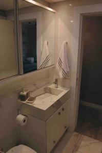 a bathroom with a sink and a toilet and a mirror at ALTO PADRÃO centro de Criciúma in Criciúma