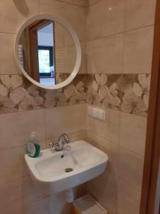 a bathroom with a sink and a mirror at Apartament Rychwałd in Rychwałd